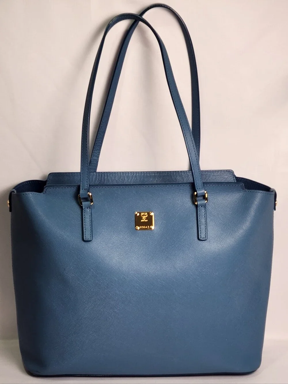 Blue MCM Saffiano Leather Shopper Tote Bag Matching Detachable Pouch Gold - Picture 2 of 16